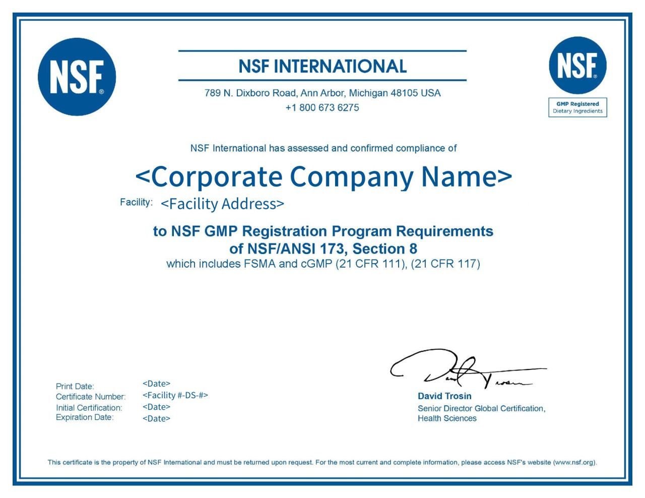 NSF 173 GMPDI 膳食补充剂原料GMP注册