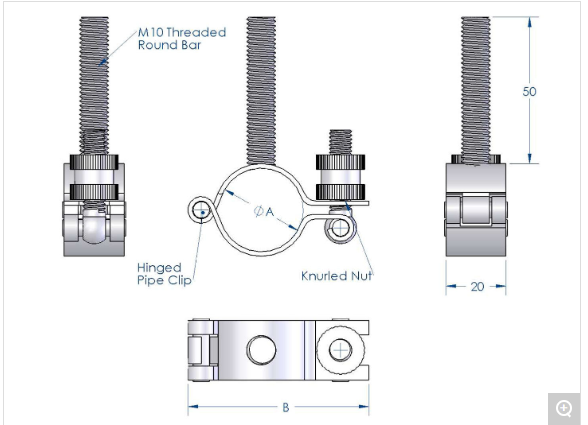 DAIRY & FOOD PIPE CLIPS HINGED – M10 THREADED BAR