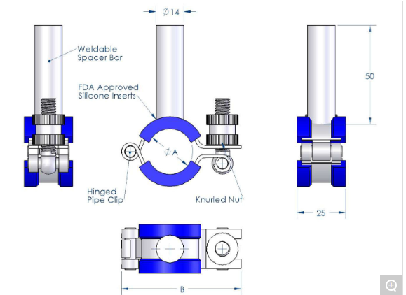 乳制品和食品管道夹 - 铰链式 - 插入件和焊接杆